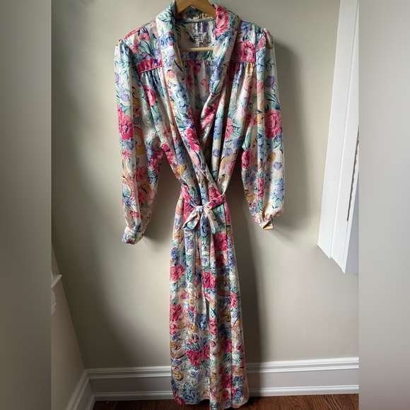 CHRISTIAN DIOR Robe Loungewear Vintage Floral Satin Spa Luxury Coquette M - Picture 1 of 9
